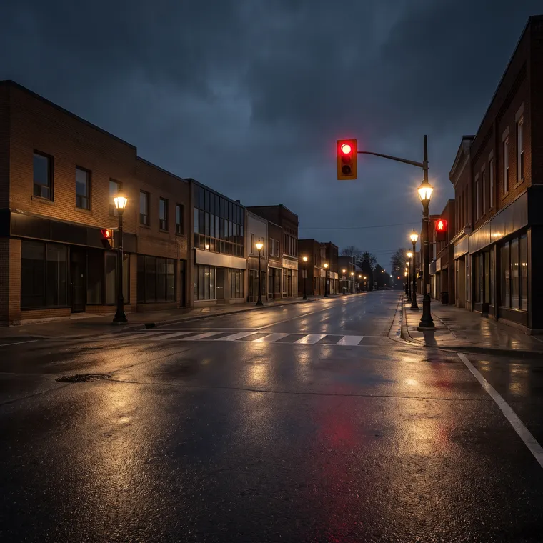 Quiet downtown street at night after rain