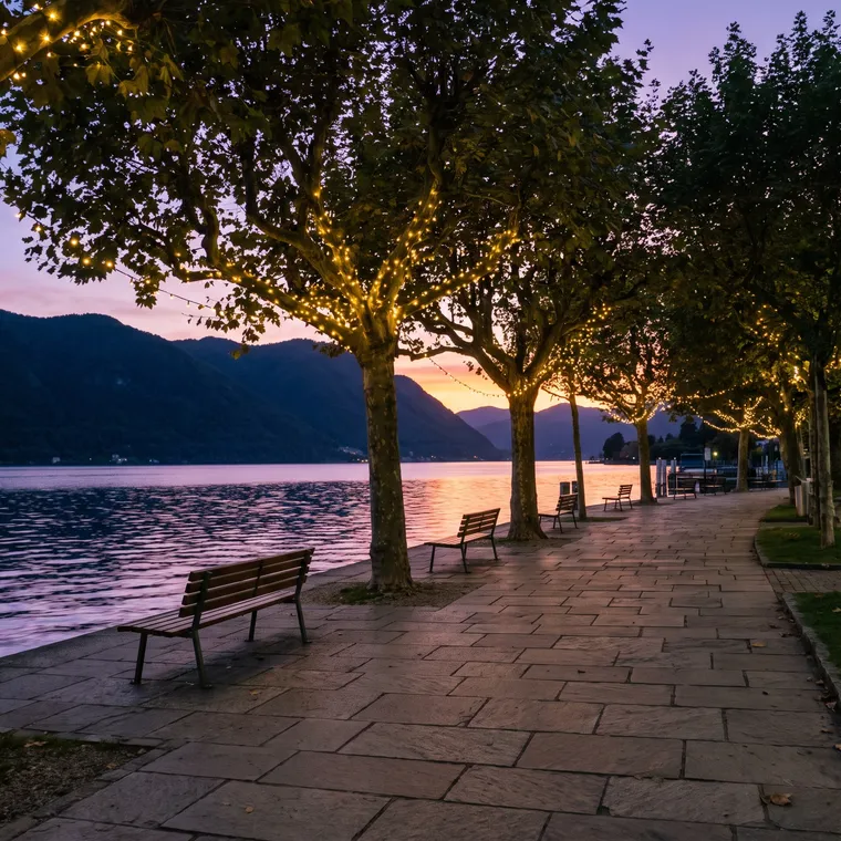 Lakeside promenade at dusk with lit trees